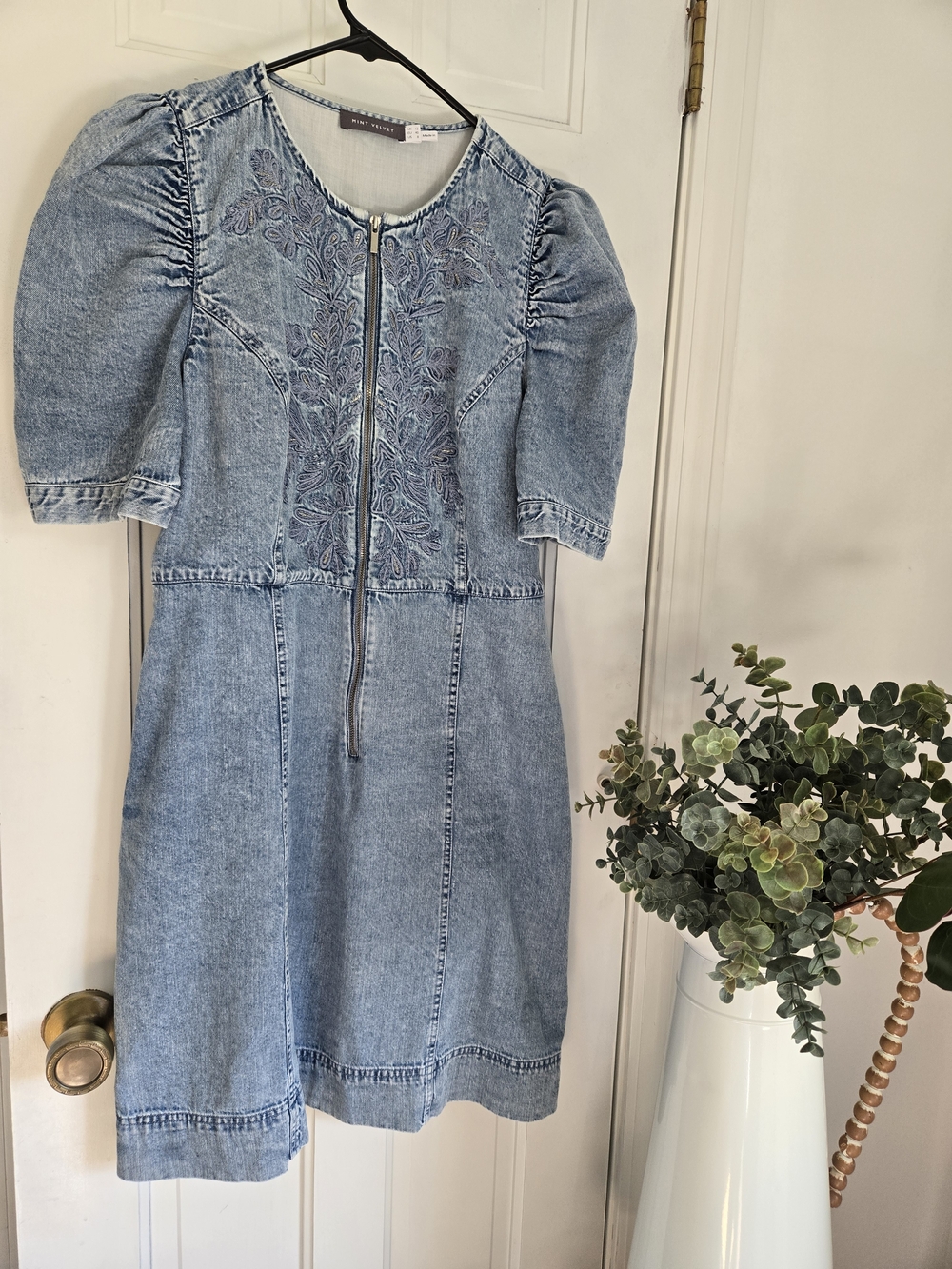 Light Wash Denim Mini Dress with Puff Sleeves